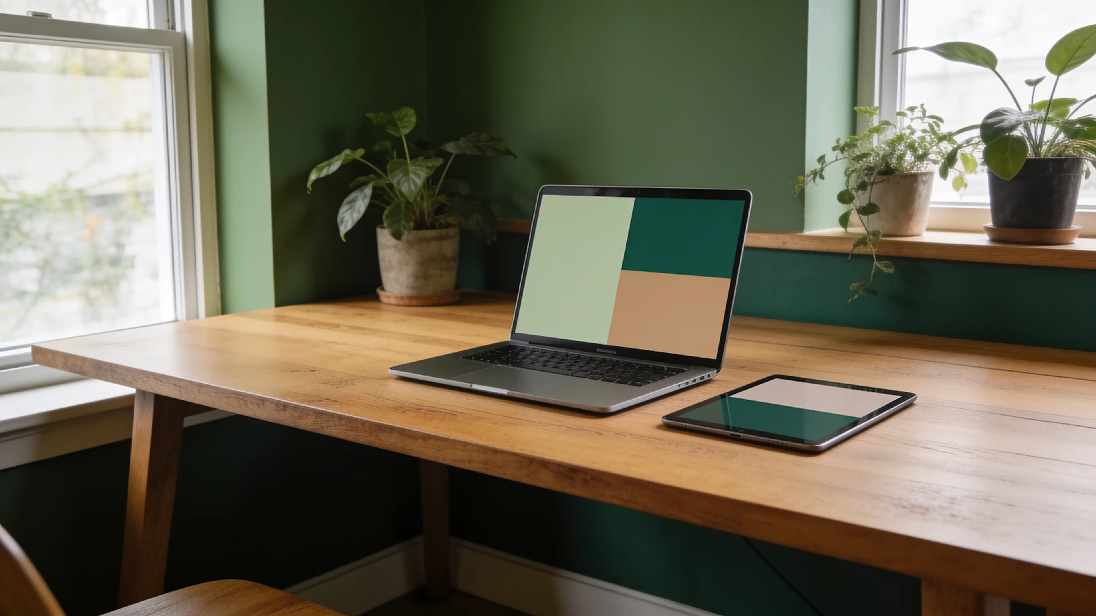 Heller Arbeitsplatz mit Laptop und Tablet auf einem Holztisch am Fenster