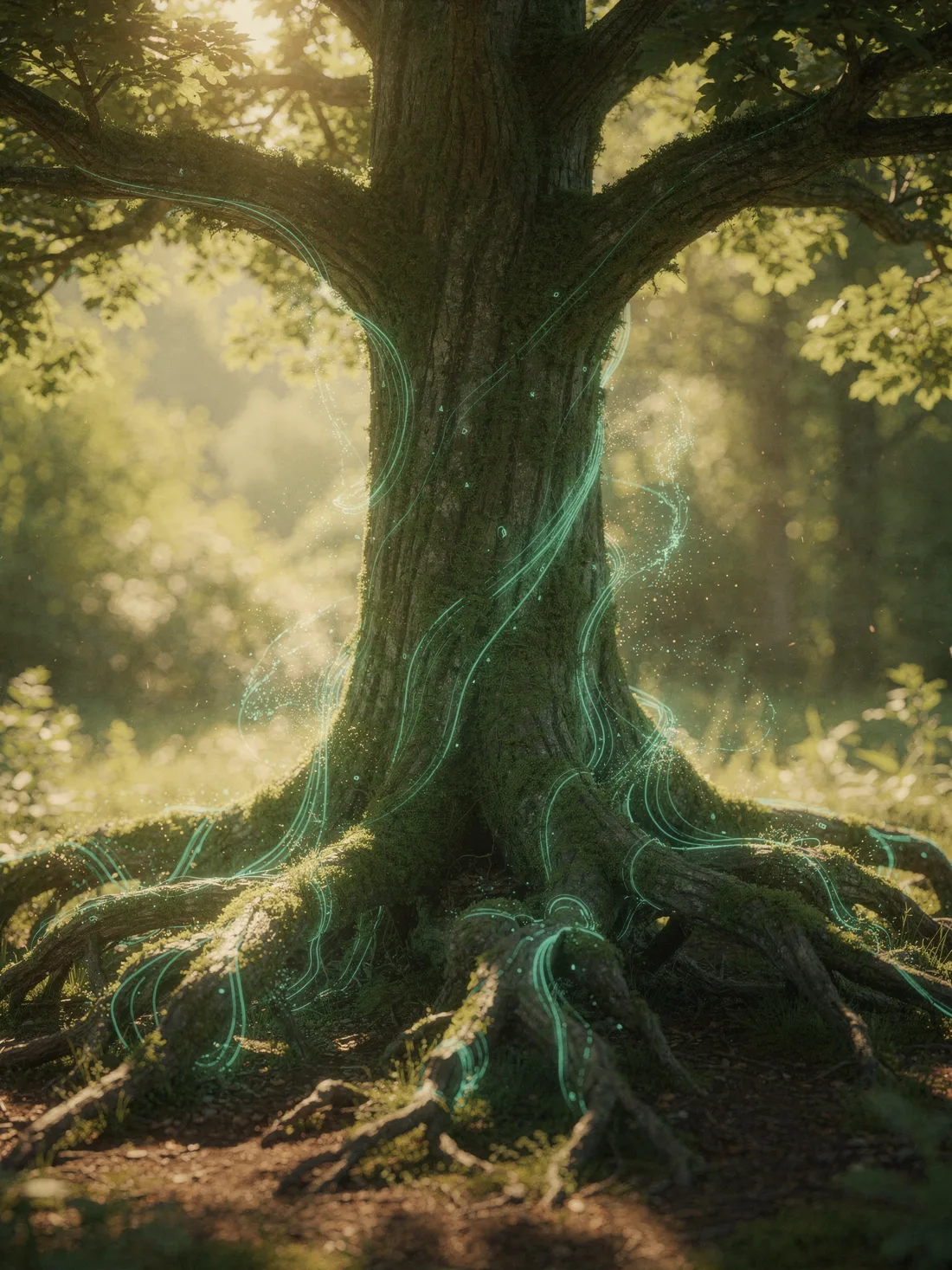 Starker, gewachsener Baum mit kräftigen Wurzeln, umspielt von feinen grünen Datenströmen